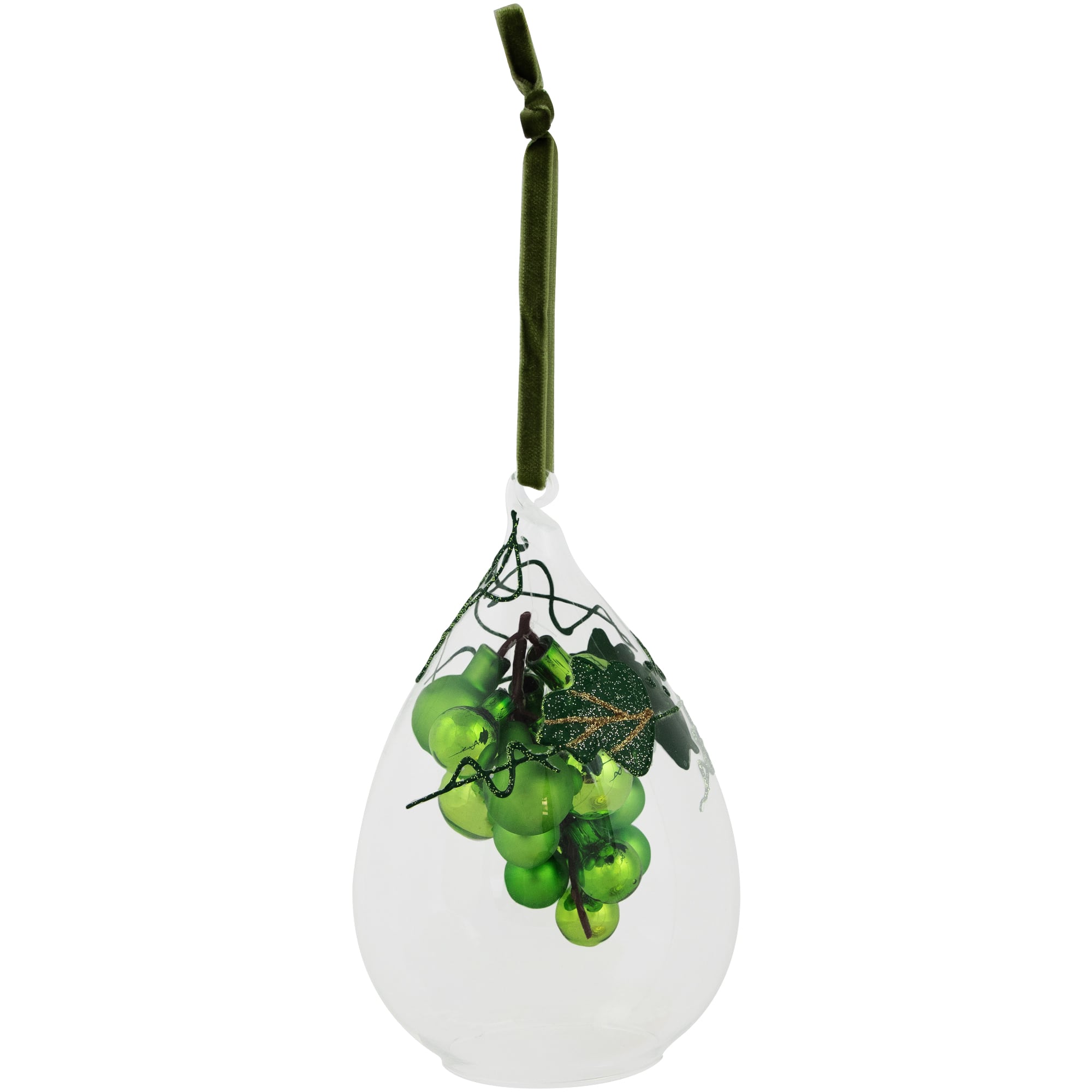 Green Grape Cluster in Glass Cloche Teardrop Ornament